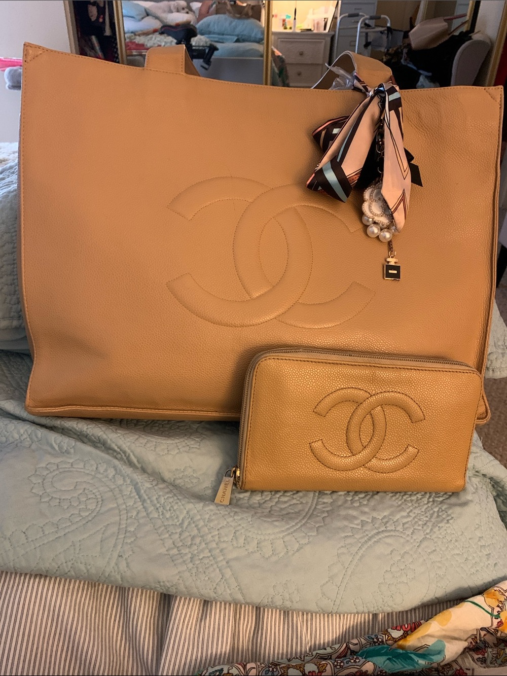 CHANEL Tan Leather Tote with Matching Zip Wallet